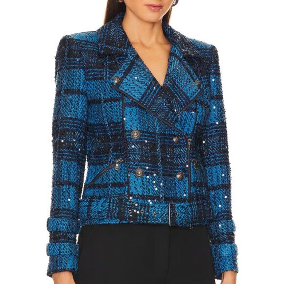 L'Agence 'Billie' Sequin-Embellished Plaid Tweed Jacket, Cobalt Blue/Black - Picture 3 of 5
